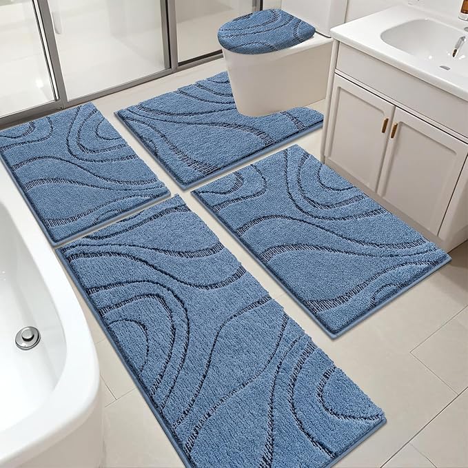 HEBE Bathroom Rugs Sets 5 Piece, Non Slip Washable Absorbent Bath Mat Set | Super Soft Plush Microfiber Bathroom Mats with Runner Set, Solid Bathmat with U-Shaped Toilet Rug Cover Set for Tub, Shower