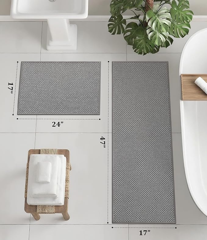 YIHOUSE Thin Bath Mat Grey Bathroom Rugs Sets 2 Pieces, Non Slip Absorbent Mats Quick Dry, Woven Rugs Washable, Tapetes para Baño for Bathroom Toliet,Bathtub(17"x24"+17"x47")