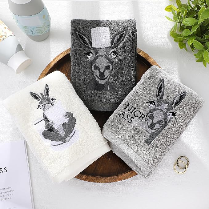 3 Pcs Donkey Hand Towels for Bathroom Kitchen Decor Gifts | Embroidered Donkey Design, 100% Cotton, Farmhouse Bathroom Kitchen Decor, Absorbent Towels, Holiday Housewarming Gifts