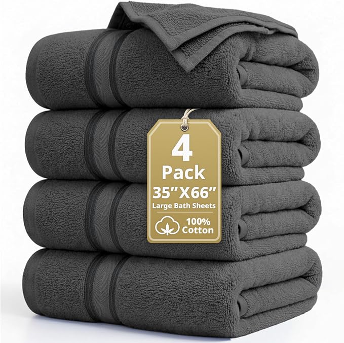 LANE LINEN Bath Sheet Set 4 Pack Oversized Soft Absorbent Quick Dry - Grey | Cotton Bath Sheets - Oversized & Roomy, Lightweight & Breathable, Fade-Resistant Color, Classic Terry Weave, Densely Woven