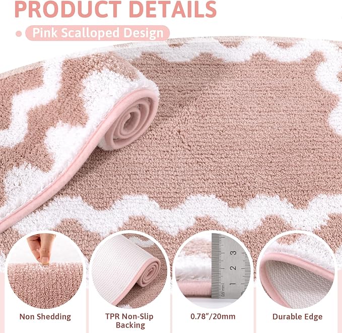 Findosom Bathroom Rugs Sets 3 Piece, Absorbent Soft Non-Slip Bath Rug Set | Washable Microfiber Shaggy Scalloped Bath Mat Set with Door Mat, U-Shaped Toilet Rugs, Shower Rug, Pink