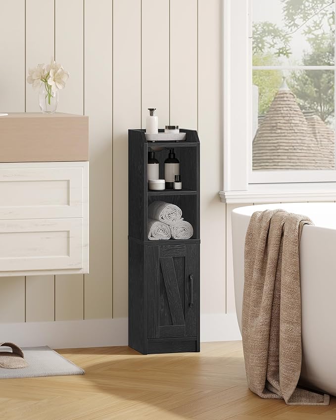Hzuaneri Bathroom Storage Cabinet, Small Farmhouse Corner Floor Cabinet with Door and Shelves, Narrow Toilet Paper Holder Stand, Bathroom Organizer with Adjustable Shelf, for Small Spaces, Black