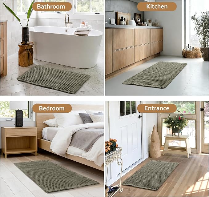 JIUZHEN Set of 2 Waffle Bathroom Rugs Non Slip Bath Mats 16"x24"+24"x48" | Olive Green, Boho, Absorbent, Washable, Ultra Soft, Fast Drying Bath Rug and Bathroom Runner for Kitchen Hallway Laundry