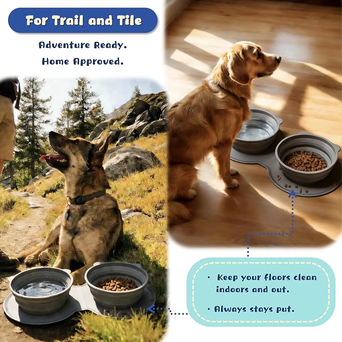 Premium Silicone Collapsible Dog Bowl with Carabiner Clip, 2-in-1 Foldable Double Pet Food & Water Travel Bowl, Portable No-Spill Design for Walking Hiking Camping, for Small Medium Dogs