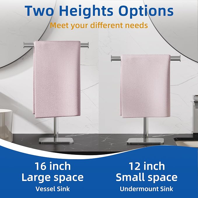 RUACQ T-Shape Hand Towel Holder Stand, 12inch Weighted Base Towel Rack, Countertop Towel Holder for Bathroom, 304 Stainless Steel, Heavy Duty (Chrome)