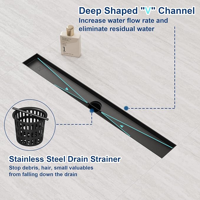 Neodrain 24-Inch Linear Shower Drain,with 2-in-1 Flat & Tile Insert Shiny Black Cover, Rectangle Shower Floor Drain, Floor Shower Drain with Adjustable Leveling Feet, Hair Strainer