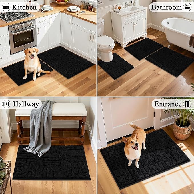 Vaukki Black Bathroom Rugs Sets 3 Piece, 32x20+26x18+24x20 Inch | Washable Non Slip Soft Bath Mats for Shower and Tub, Plush Absorbent Microfiber Toilet Rug U Shaped