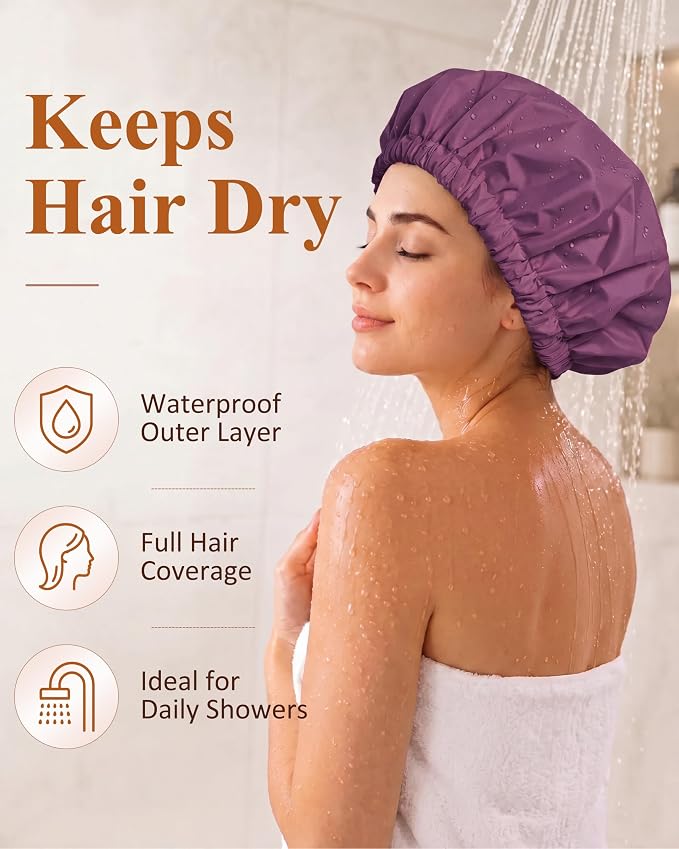 Edoneery Shower Caps for Women Reusable Waterproof, Shower Hair Cap | Washable Bonnet, Wide Elastic Band, Large Fit, Holds Long Hair, Braids Friendly, Bath Accessories, Spa, Travel