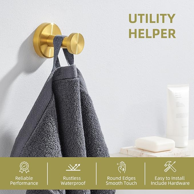Angle Simple Robe and Towel Hook, SUS304 Stainless Steel Bathroom Robe Hook, Small Towel Hanger for Wall or Cabinet, Brushed Dark Gold