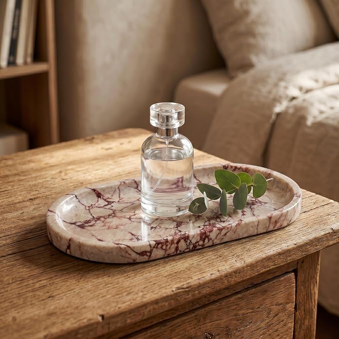 YKAJO Calacatta Viola Pink Oval Marble Tray, 9.8x4.7 Vanity Organizer Dish | Honed natural stone; jewelry & trinket dish, ring & key holder, soap & candle catchall; bath counter, dresser, coffee table