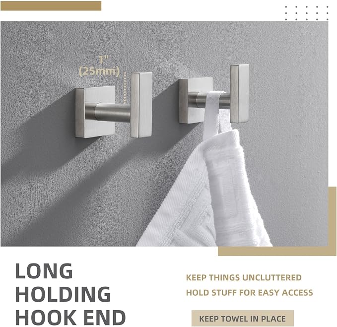 Angle Simple Bathroom Towel Hook 2 Pack, SUS304 Stainless Steel Bath Robe Holder, Modern Coat Hook Wall Mounted, Brushed Nickel
