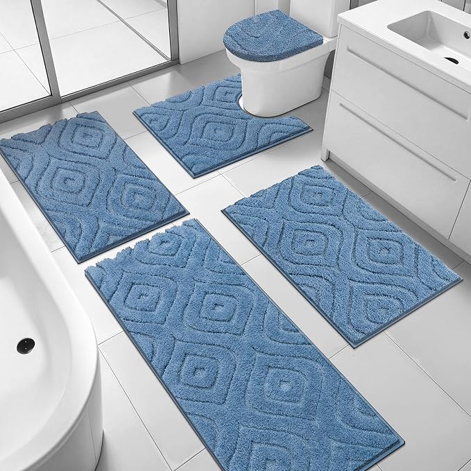 Ileading Bathroom Rugs Sets 5 Piece, Non Slip Washable Bath Mat Set | Absorbent Plush Microfiber Bathroom Mat Set with Toilet Cover, Bath Runner and U-Shaped Contour Rug for Tub, Shower, Blue