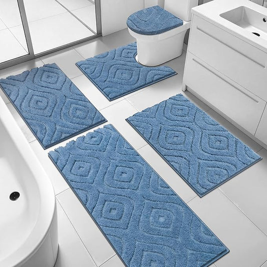 Ileading Bathroom Rugs Sets 5 Piece, Non Slip Washable Bath Mat Set | Absorbent Plush Microfiber Bathroom Mat Set with Toilet Cover, Bath Runner and U-Shaped Contour Rug for Tub, Shower, Blue