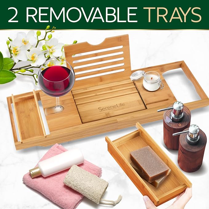 SereneLife Bath Caddy Breakfast Tray Combo, Natural Bamboo Wood Waterproof Bathtub Caddy and Bed Tray with Folding Slide-Out Arms, Spa Trays and Soap Box, Smartphone Holder
