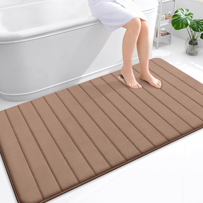 OLANLY Memory Foam Large Bath Mat 59x34, Super Soft Absorbent Bathroom Rugs | Mocha, Quick Dry Bath Rug, Machine Washable Shower Floor Mats, Bathmat Carpet for Bathroom Floor, Tub and Shower