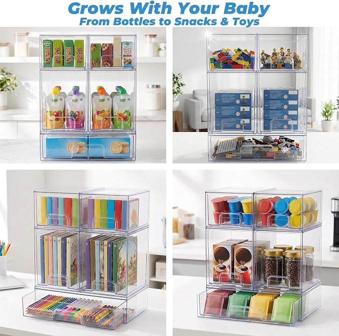 Baby Bottle Organizer, 5 Pack Stackable Storage Dust-proof Drawers, Clear Plastic Bottle Station Organizer for Countertop & Cabinet, Pacifier and Medicine Container for Nursery