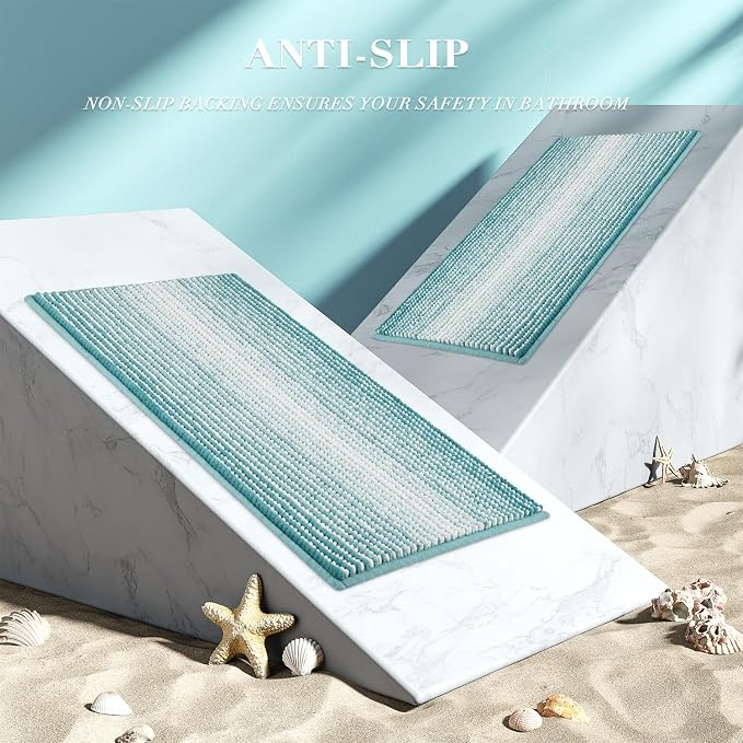 Large Bathroom Rugs Runner, 22x60 Striped Bath Mats, Aqua Green | Non Slip Chenille Backing, Extra Soft Absorbent, Quick Dry Machine Washable, Shower Rug for Bathroom Bedroom Decor