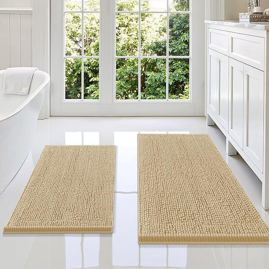 Smiry Chenille Bathroom Rugs Sets 2 Piece (36x24+30x20, Beige) | Soft Absorbent Machine Washable Non Slip Shaggy Bath Rug Set for Tub, Shower, and Floor, Home Decor