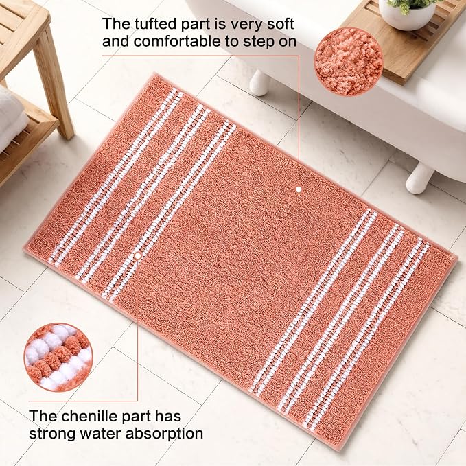 Kmson Bathroom Rugs Mat, 20"x32" Ultra Soft Washable Shaggy Chenille Bath Rugs, Non-Slip Fluffy Thick Water Absorbent Microfiber Mat for Bathtub, Sink and Shower, Pink