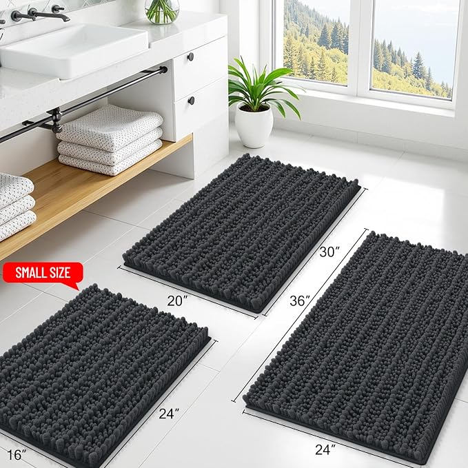 Smiry Bathroom Rugs 47X17, Extra Soft Rubber Backing Chenille Bath Mats | Dark Grey Machine Washable Non Slip Quick Dry Bath Mats for Bathroom Floor, Tub, Shower, Home Decor Accessories