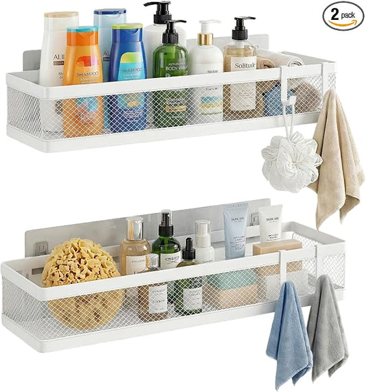 PUSDON 16.5-Inch Extra Long Slim Mesh Shower Caddy, Wall Mounted Bathroom Organizer with Adhesive, Heavy Duty Rustproof Shelf for Narrow Kitchen Pantry & RV, Holds 50 LBS 2-Pack - White Netting