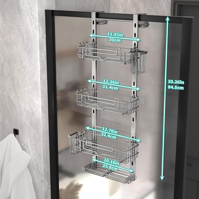 HapiRm Hanging Shower Caddy Organizer - Shower Shelf with 22 Hooks and 2 Toothbrush Holders, No Drilling Adjustable Hanging Bathroom Organizer - Silver