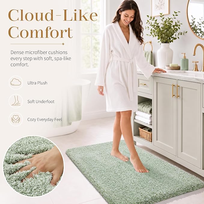 Yimobra Bathroom Rugs for Home Essentials, Non Slip Washable Bath Mat, Soft Water Absorbent Plush Shower Rug for Bathroom Floor, Bath Decor Accessories, 24X17, Light Green White