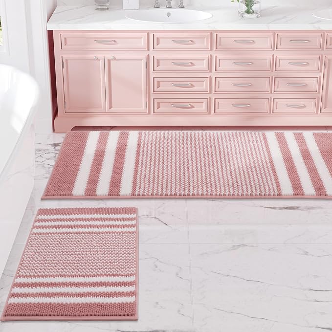 Bathroom Rugs Sets 2 Piece, Non Slip Striped Bath Mats, Dusty Pink | 20"x47" Plus 16"x24"，Soft Absorbent Chenille, Quick Dry Machine Washable, Shower Rug for Bathroom Floor, Tub, Bedroom Decor