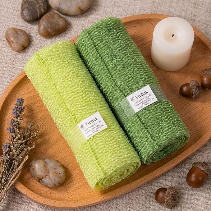 2PCS Exfoliating Washcloth Towel - Exfoliating Body Scrubber Exfoliator, Loofah Sponge Wash Cloth, Korean & Japanse & African Net Sponge Rag - Back Scrubber Washer (Olive Green+Grass Green)