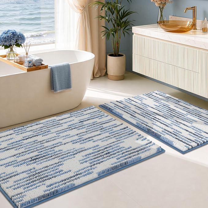 BSICPRO Bathroom Rugs Sets 2 Piece, Modern Bath Mat 20"x32"+16"x24", Blue | Loop Pile Chenille, Non Slip TPR Rubber Backing, Abstract Stripe, Soft Thick Absorbent Washable, Shower Rug for Bathroom