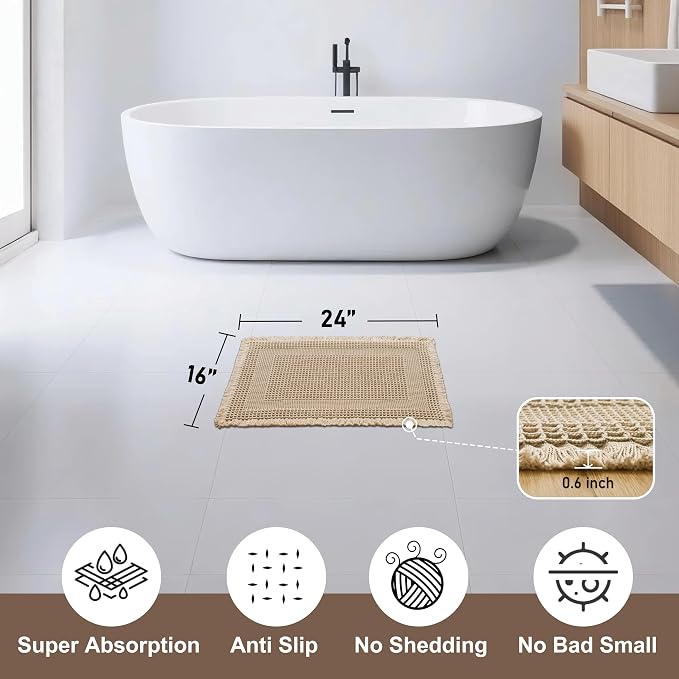 JIUZHEN Waffle Bath Mat Super Absorbent Non Slip Waffle Bath Mats Machine Washable Bathroom Shower Rugs Ultra Soft Boho Bath Rugs for Bathroom, 16" x 24", Loop-Brown