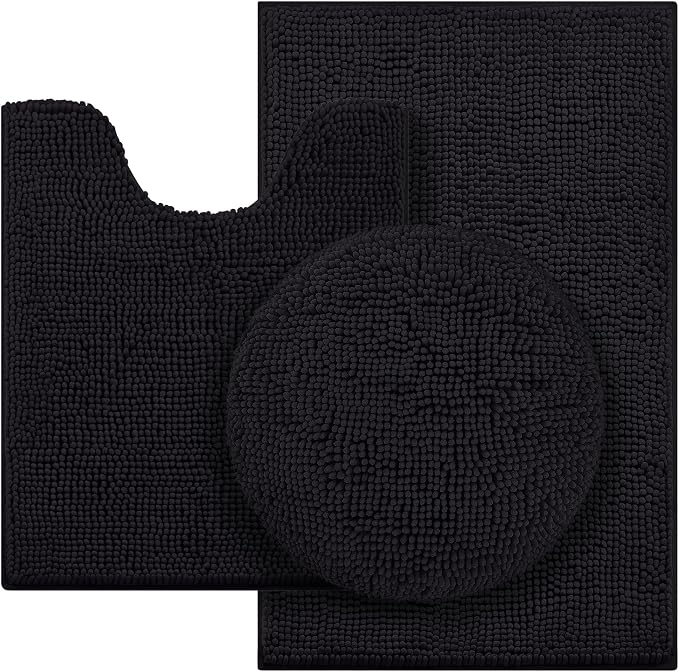 HOMEIDEAS 3 Pieces Black Bathroom Rugs Set, Ultra Soft Non Slip Bath Rug and Absorbent Chenille Bath Mat, Includes U-Shaped Contour Rug, Bath Mat and Toilet Lid Cover, Perfect for Bathroom, Tub