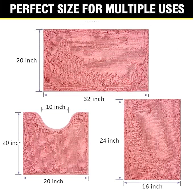 Bathroom Rugs Chenille 3-Piece Extra Soft and Absorbent Shag Bathroom Rugs, Machine Wash Mat, Strong PVC Non-Slip Underside, Plush Carpet Mats (Pink)