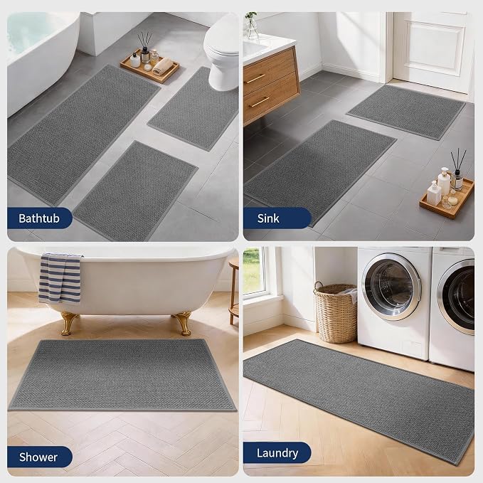 Dark Gray Bathroom Rugs with Toilet Rug, Quick Dry Thin Bath Mat Sets 2 Piece, Non Slip Absorbent Machine Washable, Bath Rugs for Tub Sink Home Decor (17"x24" + 17.5"x24" U-Shaped)
