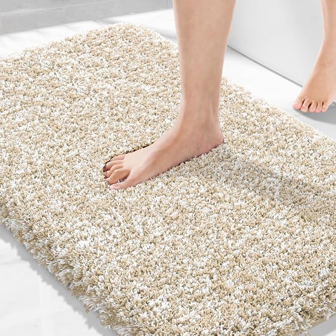 Yimobra Luxury Bathroom Rugs, Fluffy Bath Mats, Non Slip, Water Absorbent Microfiber, Machine Washable, Plush Runner Shower Rugs, Thick Matts for Bathroom Floor/Tub, 47" X 24", Light Beige and White
