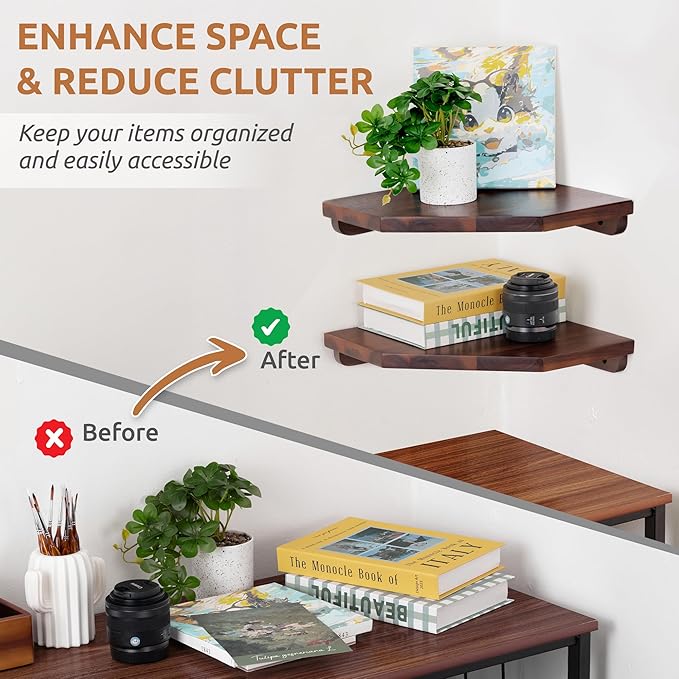 Demigo Hexagon Corner Floating Shelves, 2-Pack Acacia Wood Wall Shelf | Upgraded Wall Mounted Storage with Hidden Brackets, Modern Space-Saving Shelves for Bedroom Living Room Office Kitchen
