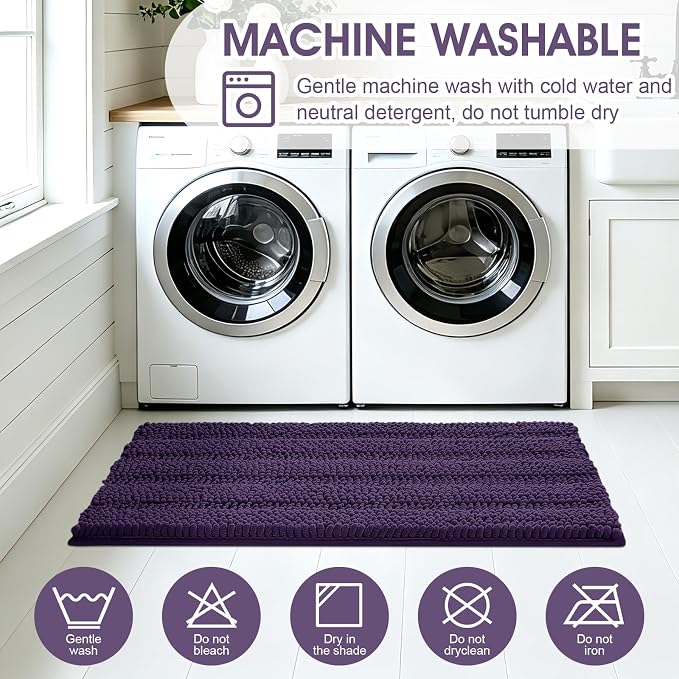ACCUMTEK Striped Eggplant Purple Bathroom Rug Mat Set 2 piece 24"x17"+48"x20" Ultra Soft, Non Slip Chenille Bath Rugs, Absorbent Plush Shaggy Bath Mats for Bathroom, Bedroom, Kitchen, Shower, Tub