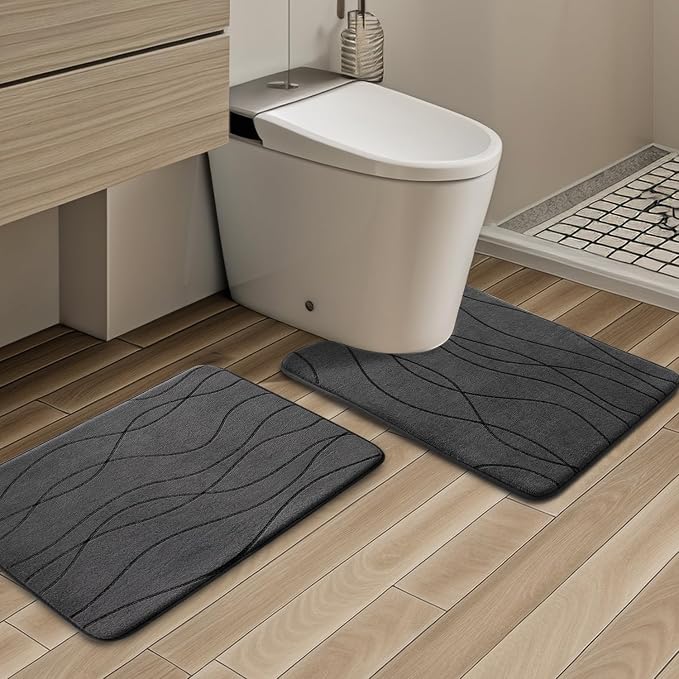 Bathroom Rugs Set 2 Piece, Memory Foam Bath Mat Dark Grey | U Shaped+Small Mat, Ultra Soft, Absorbent, Non-Slip, Machine Washable, for Bathroom, Sink and Toilet