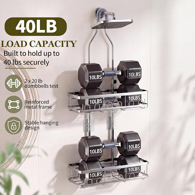Skyapex Shower Caddy Hanging: Adjustable Height, Rustproof Shelves with Hooks, 2 Soap Holders - Silver Shower Organizer Over Showerhead
