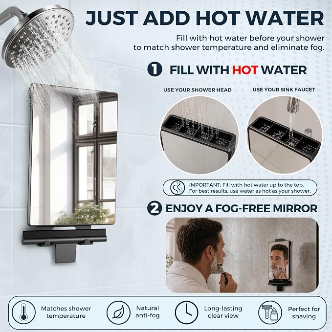 HONEYBULL Fogless Shower Mirror for Shaving with Water Tank, Adhesive Mount | Built in Water Reservoir for Natural Fog Free Effect, Easy Installation, Bonus Squeegee, Razor Holder, 5.5" x 8" Mirror