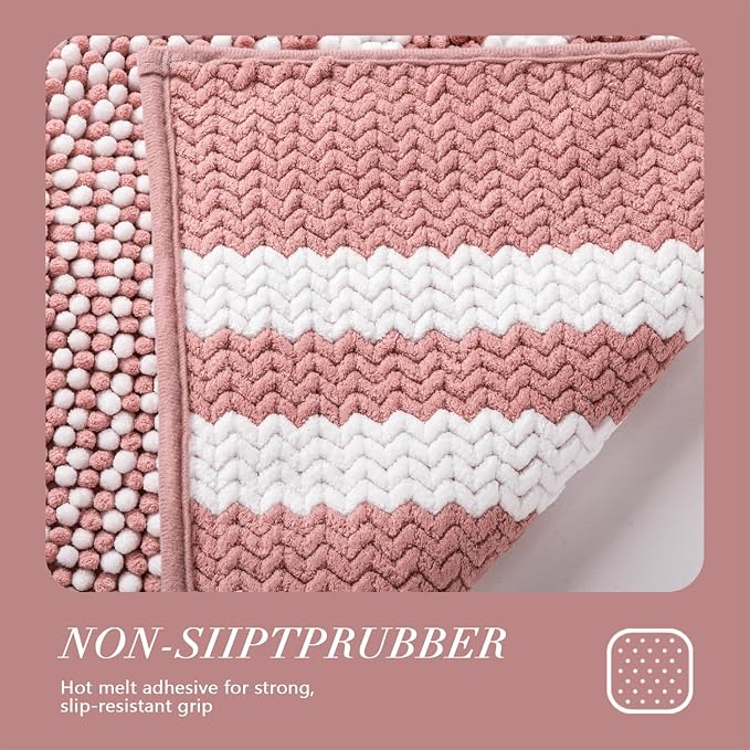 Bathroom Rugs Sets 2 Piece, Non Slip Striped Bath Mats, Dusty Pink | 20"x47" Plus 16"x24"，Soft Absorbent Chenille, Quick Dry Machine Washable, Shower Rug for Bathroom Floor, Tub, Bedroom Decor