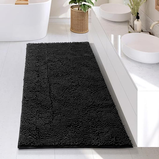 Hearth & Harbor Bathroom Rugs, Chenille Bath Mat - Machine Washable Bath Mats for Bathroom Non-Slip Backing Rubber, Quick Dry Bathroom Mat - Black Bath Rug, 26x44