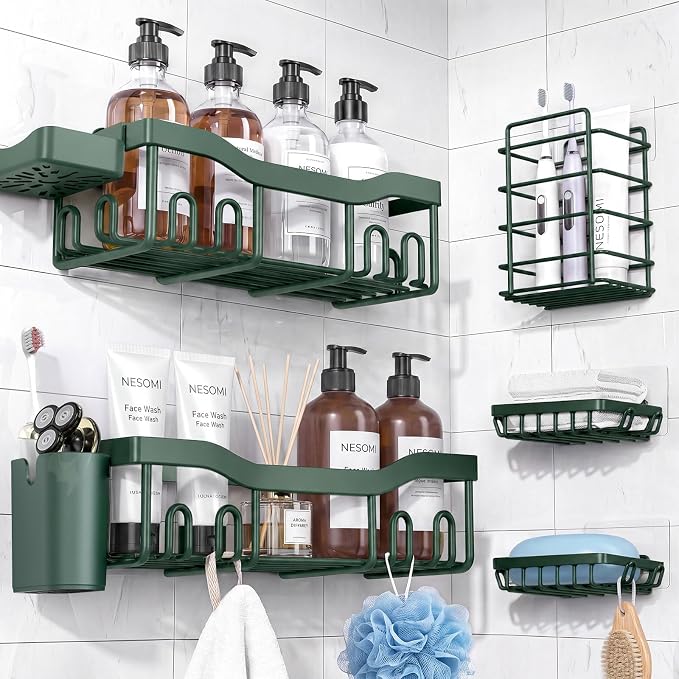 NESOMI Shower Caddy Adhesive Shower Organizer 7-Pack, Rustproof Stainless Steel Bathroom Shelves, Large Capacity No-Drill Rack Storage Accessories with Soap Dish Toothbrush Holder Hooks