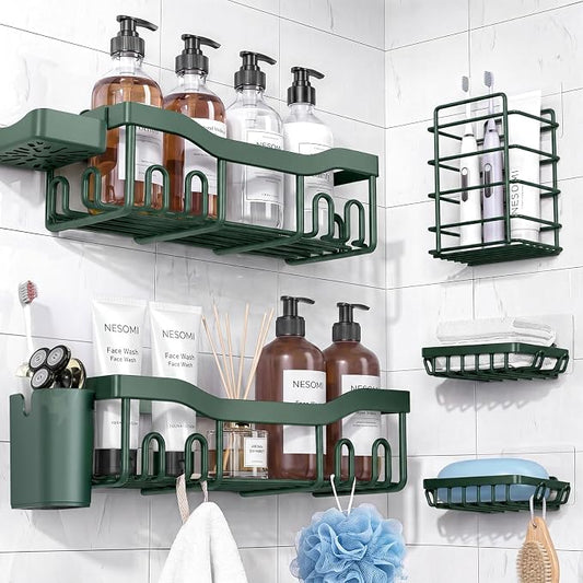 NESOMI Shower Caddy Adhesive Shower Organizer 7-Pack, Rustproof Stainless Steel Bathroom Shelves, Large Capacity No-Drill Rack Storage Accessories with Soap Dish Toothbrush Holder Hooks