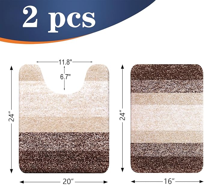 OLANLY Micorfiber Bathroom Rug Set 2 Piece, 24"x16"+U-Shaped 24"x20" | Brown, Soft Absorbent Bath Mats and Contour Toilet Rug, Non-Slip, Machine Wash Dry, Plush Shaggy Bath Mats for Bathroom
