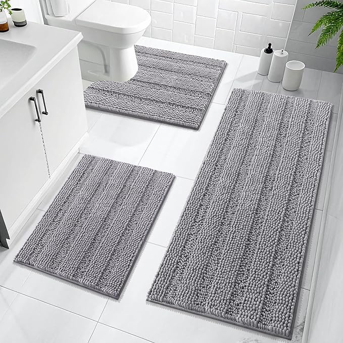 OLANLY Thick Chenille Bathroom Rugs Sets 3 Piece, 47"x20"+24"x16"+24"x20" | Grey, Absorbent Striped Bath Mats and U-Shaped Contour Toilet Rug, Home Decor Accessories, Bath Mat Set for Bathroom