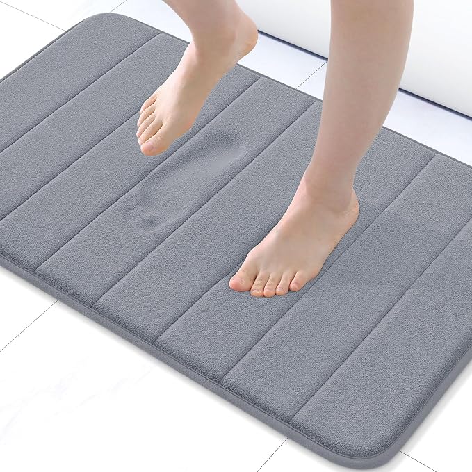Buganda Memory Foam Bath Mat 24 x 16, Ultra Soft Absorbent Bathroom Rugs | Medium Grey, Machine Washable Quick Dry Bath Mats for Bathroom Floor, Shower and Tub, Home Decor Accessories