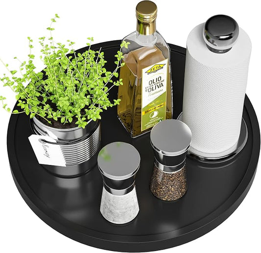 Lazy Susan for Table, 12 Inch Non-Skid Bamboo Turntable Organizer for Salt Pepper Spices and Olive Oil Next to Stove, Wooden Rotating Tray for Kitchen Countertop Organizer Black