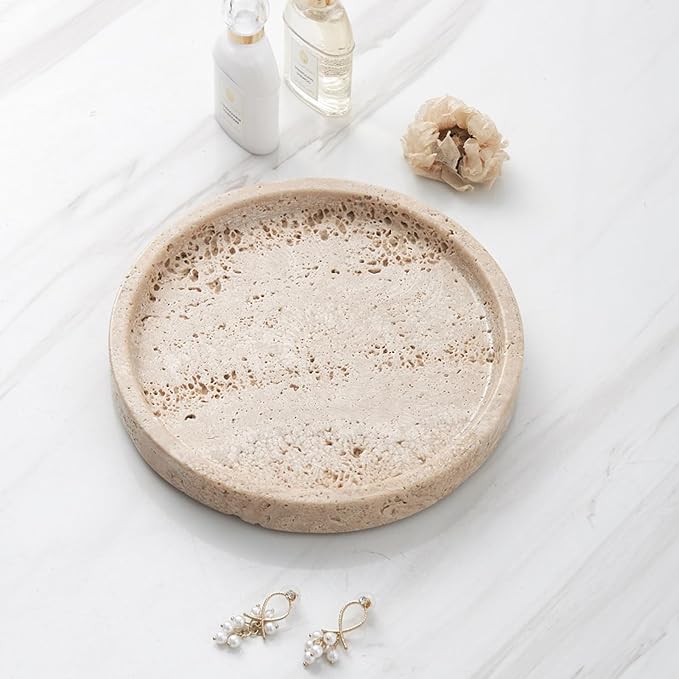 Real Travertine Tray for Jewelry, 7.9 Inch Round Marble Tray Trinket Dish, Vanity Tray for Women's Gift, Decorative Tray for Bathroom Kitchen Counter, Nightstand, Dresser, Table & Home Decor(Beige)