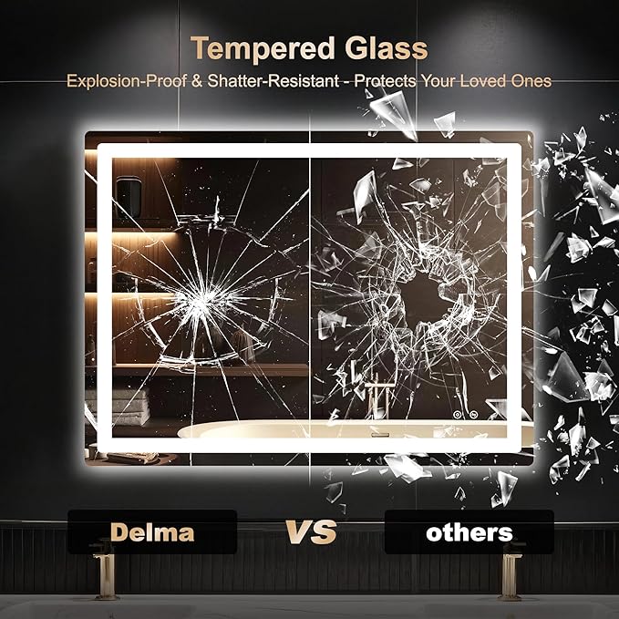 Delma 30x40 LED Bathroom Vanity Mirror with Lights, Anti-Fog, Dimmable | Front & Backlit with 3 Color Modes and Memory, 5mm Shatterproof Glass, Plug-in or Hardwired, Horizontal or Vertical